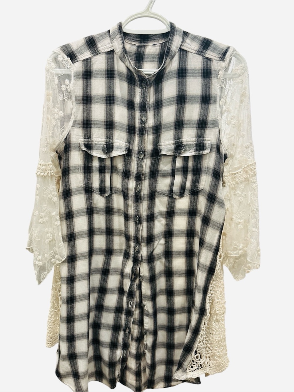 Handmade  Black & White Plaid Button-Front Top with Lace Sleeves Size S/M